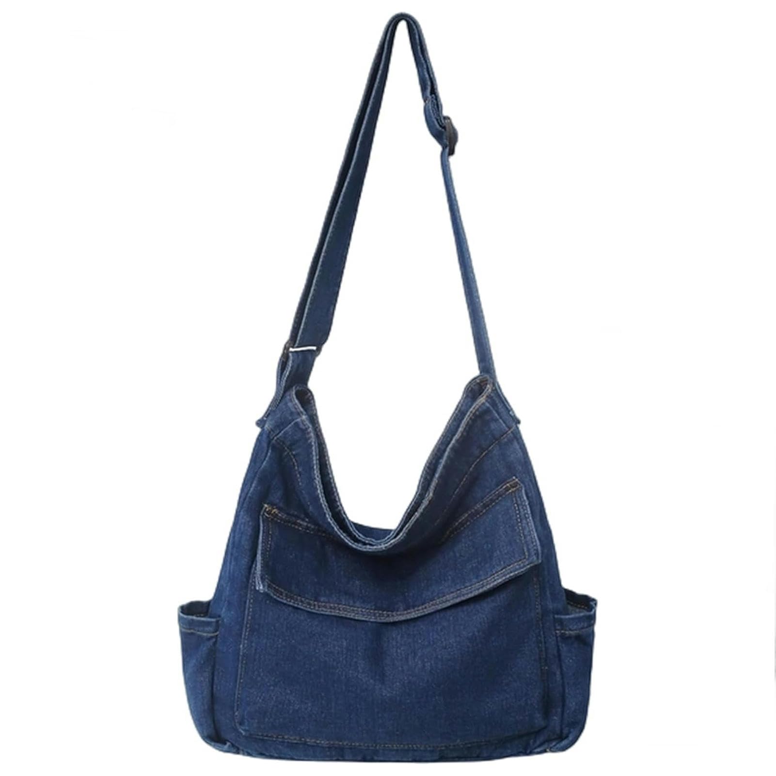 Borsa Donna Tracolla Borsa A Tracolla A Spalla Blu Lavata in Denim - Borsa A Traversa di Grande capacità per La Scuola E L'uso Quotidiano-Dark Blue-33x11x33cm