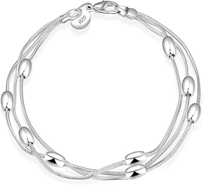 Pulsera de Plata Mujer personalizadas con Cuentas, Pulseras de cadena en capas bañada plata 925, joyeria fina para mujer,Regalos para Esposa Novia Amiga, San Valentín, Cumpleaños