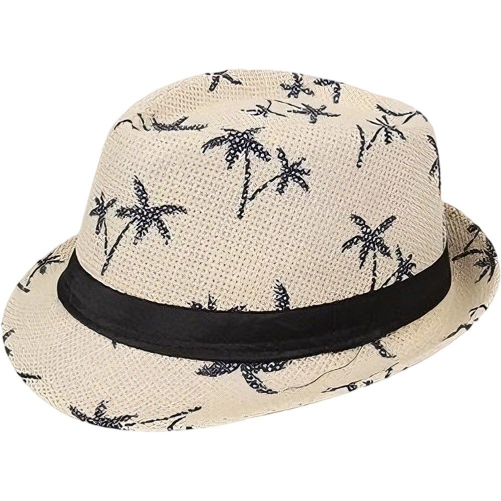 Uzztfa Men's Beige Summer Panama Hat Short Brim Fedora Hat Trilby Hat Palm Tree Print Summer Beach Sun Hat For Wo