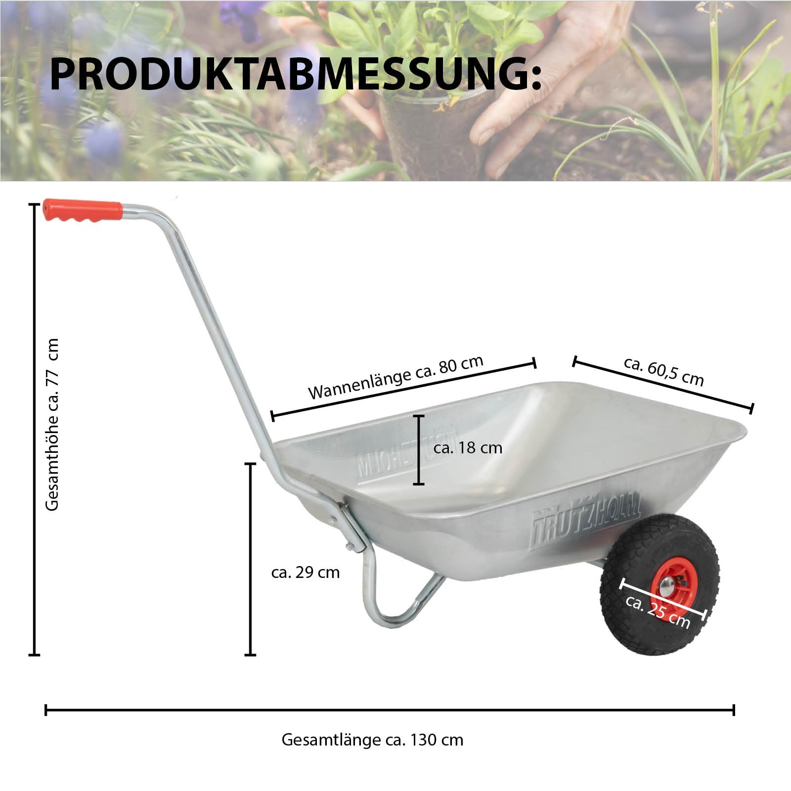 TRUTZHOLM Schubkarre Einhandkarre Friedhofskarre Pflanzkarre Gartenkarre Handwagen Traglast 100 kg Volumen 75 L mit Luft- oder Vollgummireifen (Luftreifen)