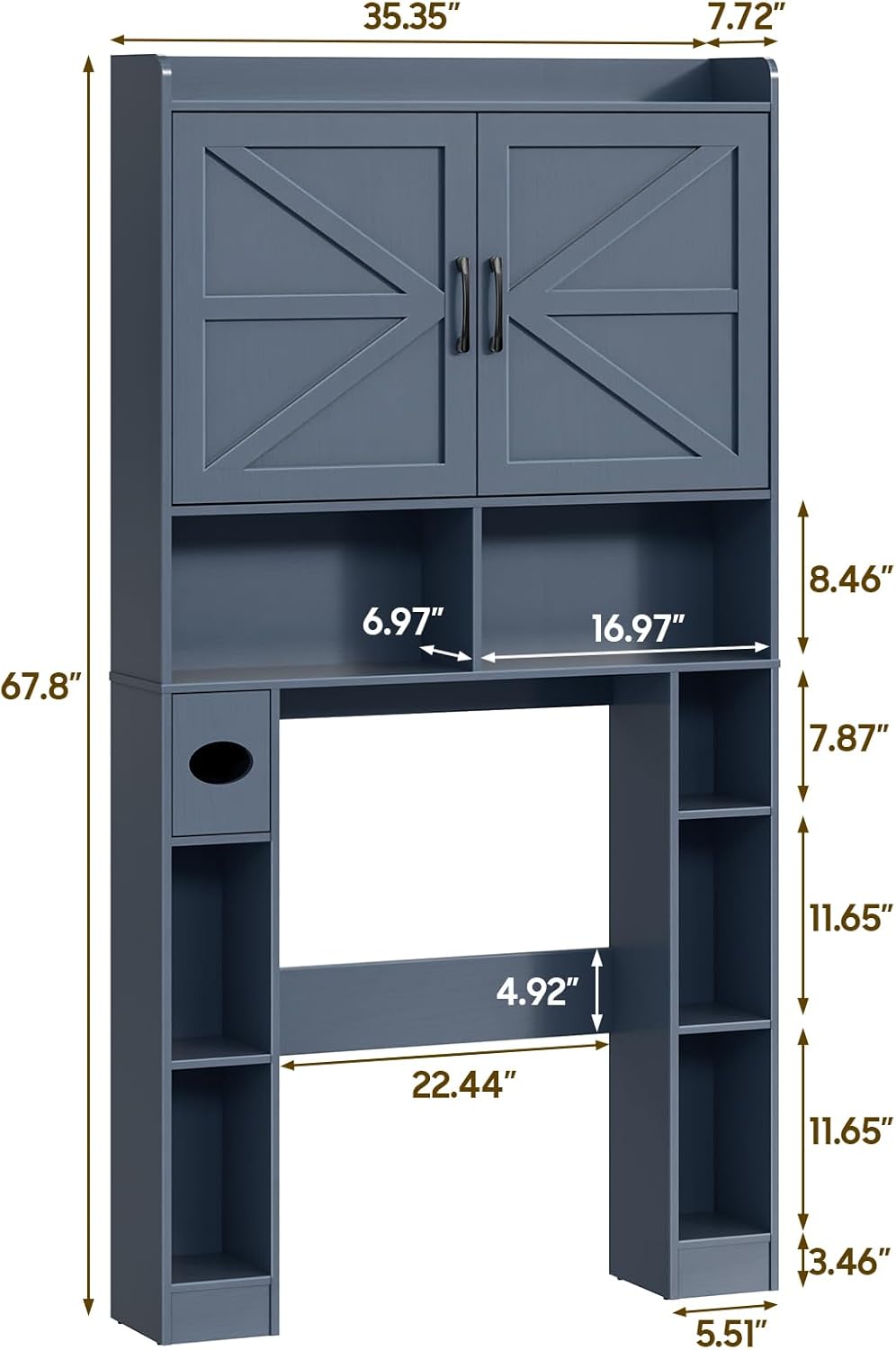 Over The Toilet Storage Cabinet, Farmhouse Toilet Cabinet Rack with Barn Doors, Space Saving Bathroom Organizer with Shelves, Toilet Paper Holder and Towel Rack for Bathroom,Restroom,Laundry,Blue