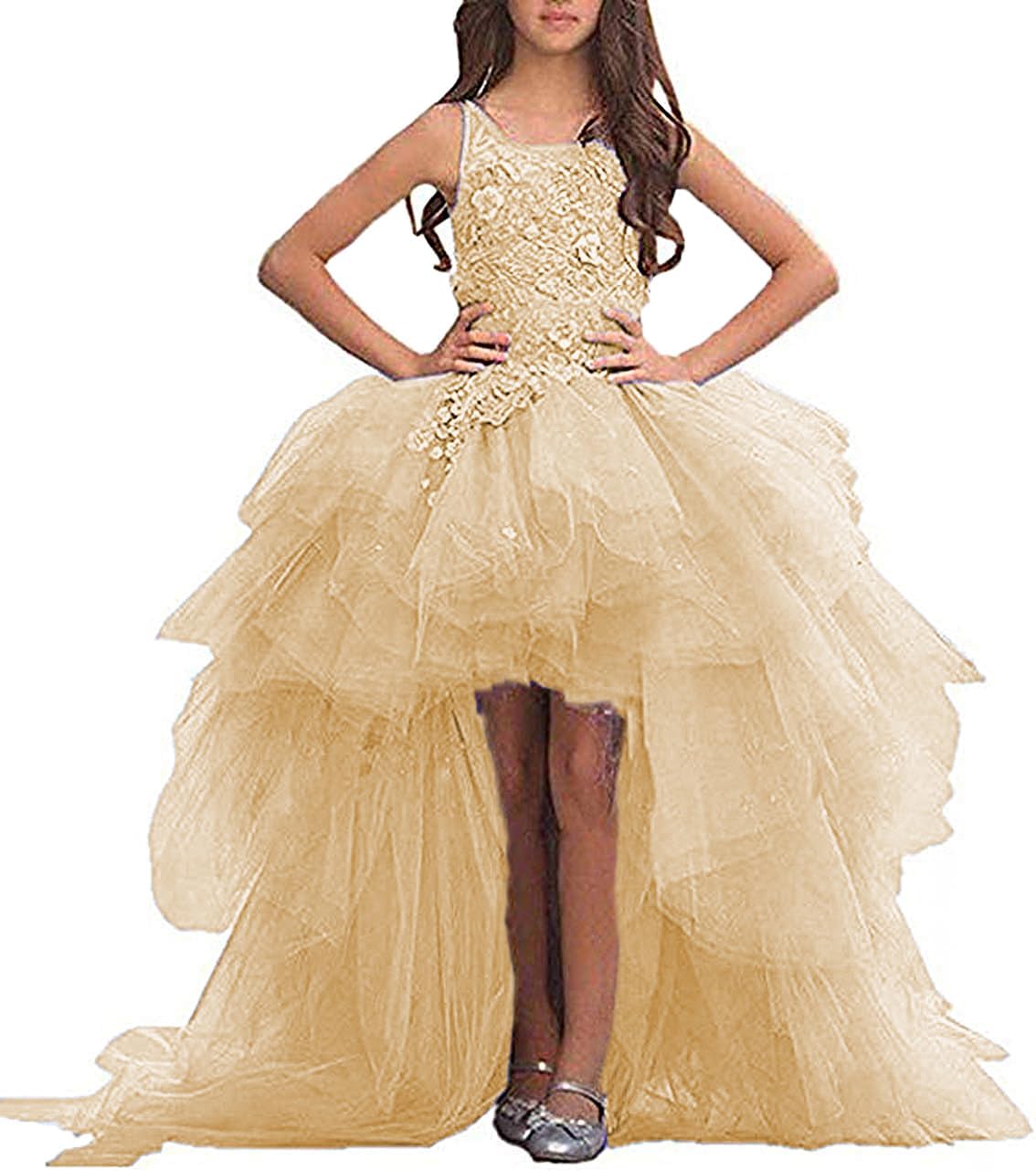 High Low Flower Girls Dresses Appliques Tulle Communion Party Princess Wedding Pageant Ball Gown Dress