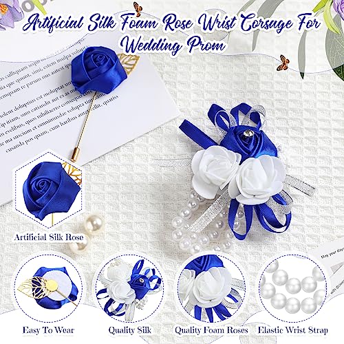 Tigeen 24 Pcs Wrist Corsage and Men's Boutonniere Set for Wedding Wristlet Corsage Hand Flower for Mother of Bride, Bridal, Bridesmaid Suit Decorations (Royal Blue) - Thumbnail 3