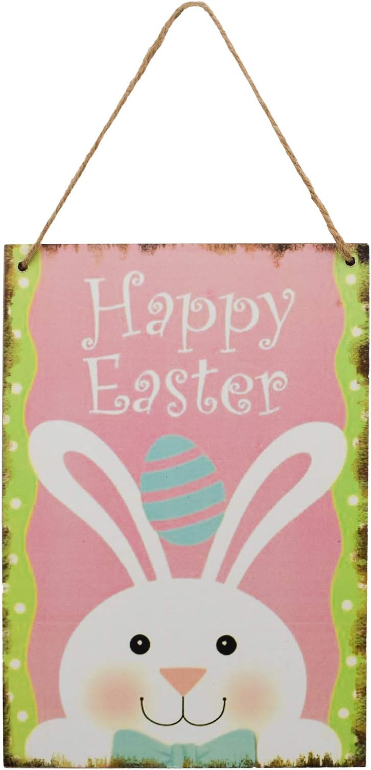 Vedran Easter Wooden Hanging Sign Decoration, Happy Easter with Cute Rabbit Festival Wall Door Decorative Sign