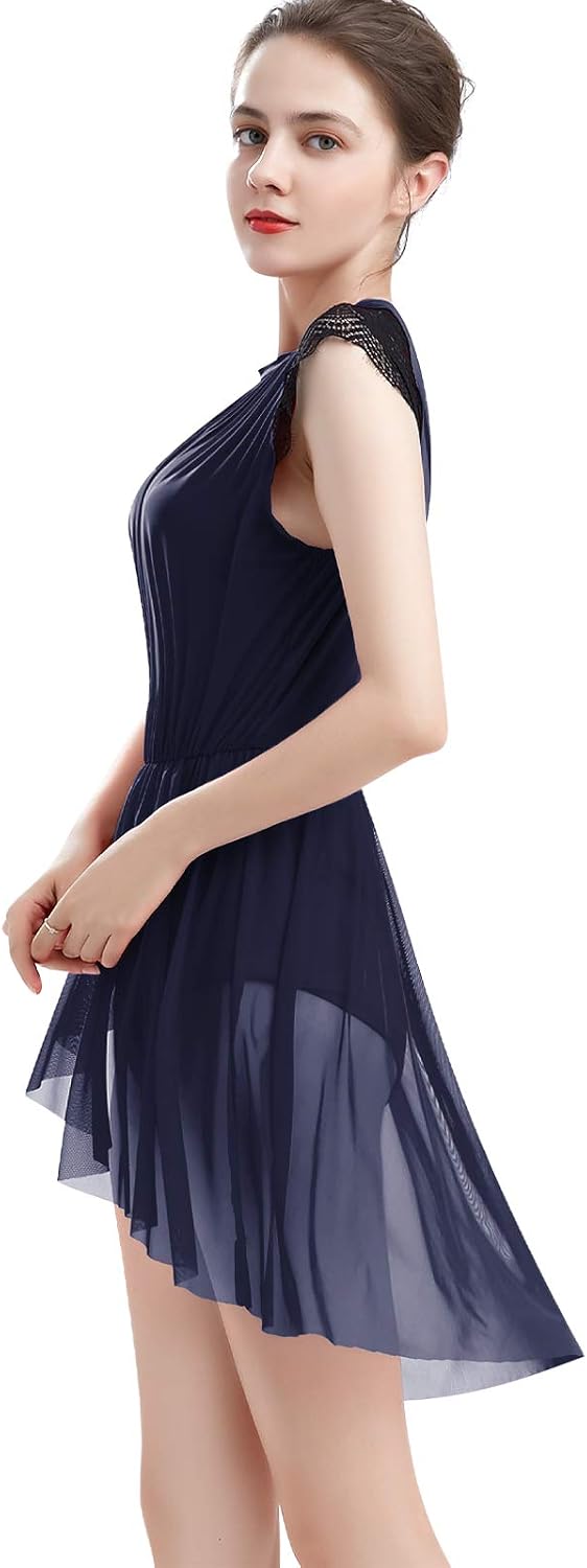 ODASDO Women Elegant Lyrical Dance Dress Lace Cap Sleeve Asymmetrical Tulle Skirt Leotard Contemporary Costume XS-XL