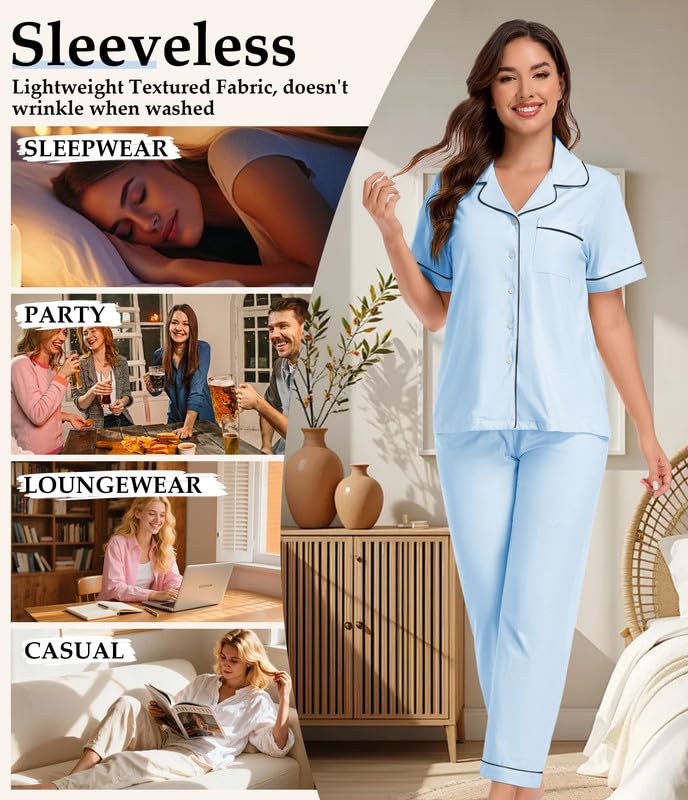 Image of CF 100% Cotton Pajamas for Women Set 2 Piece Short Sleeve Tops and Long Pants Comfy Well-Fitted Loungewear Set Pj Sets