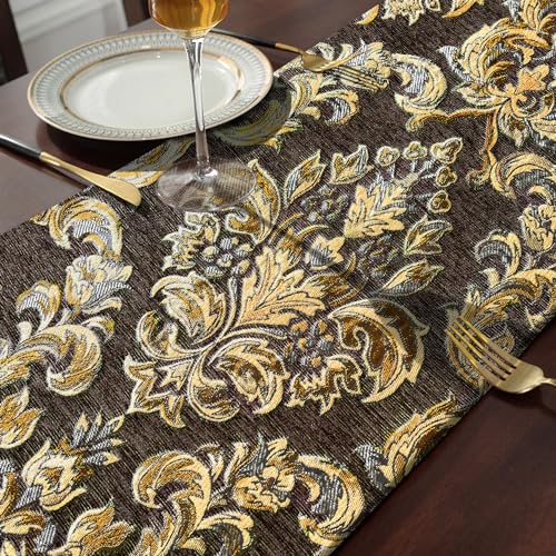Sophisticated Jacquard Dark Brown Chenille Table Runner with Bling Gold Embroidered 13x84 inches by HeMiaor - Used condition - Image 5