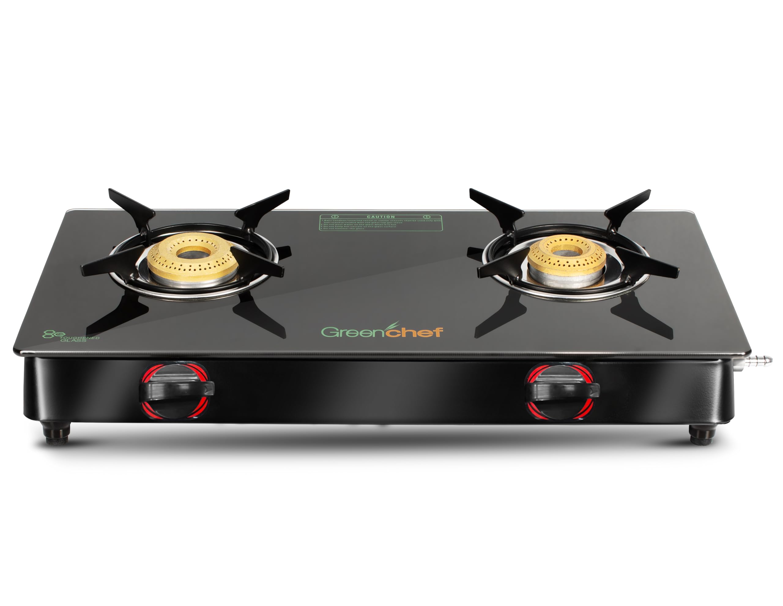 GREENCHEF Elon Glass cook top Two Burner Gas stove,Black Body (Manual Ignition), toughened glass top, Compact Design, pan support – ISI certified