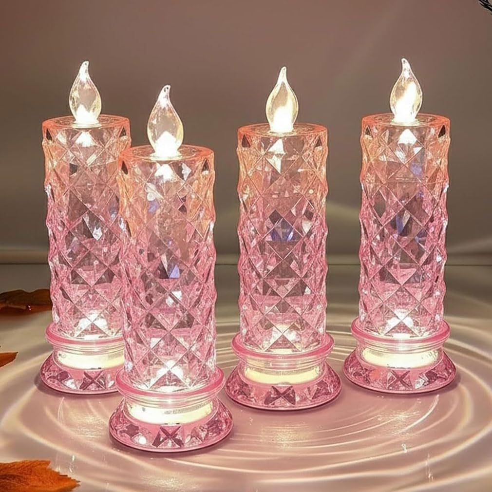 Set of 4 LED Crystal Candle Lights, Rose Shadow Led Flameless Candle Lights, Led Crystal Candle Light, Realistic LED Fake Candles, Romantic Flameles Pillar Candles for Christmas Wedding Decor (B)