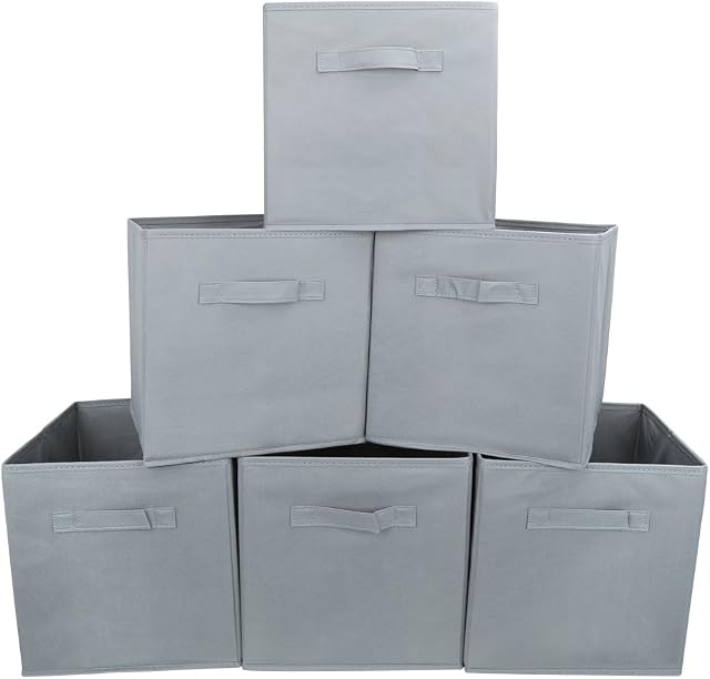 EZOWare Set of 6 Foldable Cube Storage Boxes, Organiser Basket Containers with Handles, for Home Office Nursery, 26.7 x 26.7 x 27.8 cm - Grey