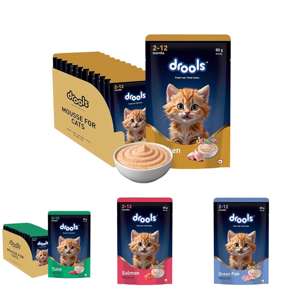 Drools Wet Kitten Food Mousse Variety Pack | Salmon, Ocean Fish, Tuna & Chicken | 80g x 3 Each | Pack of 12 | Mousse for Kittens-image-2