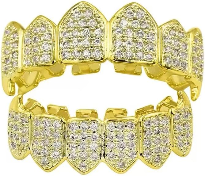 Unisex Gold-Plated Brass Hip Hop Imitation Diamond Fang Vampire Grillz, Halloween Costume Accessory Cosplay, Teeth Grillz with Extra Molding Bars