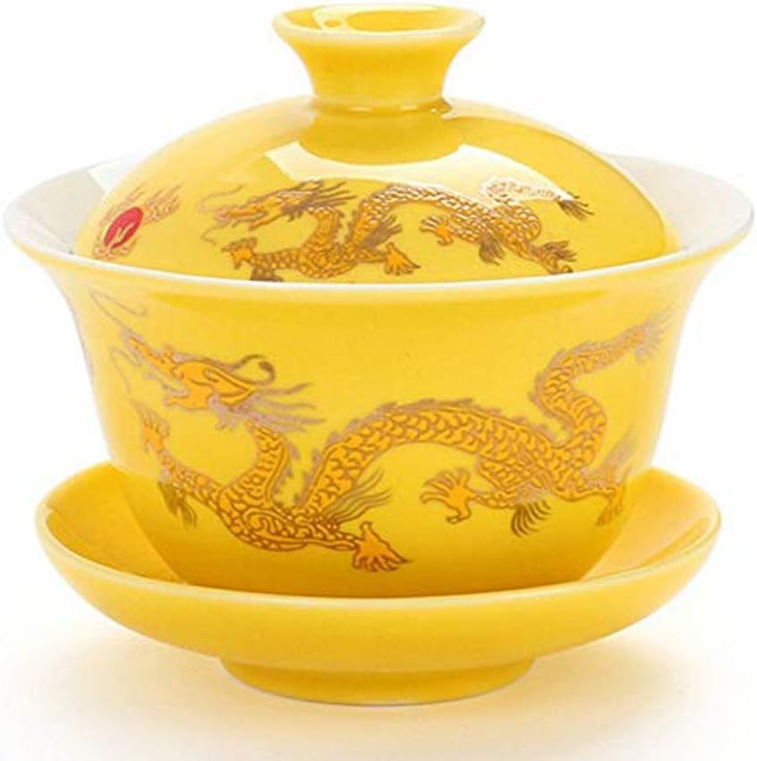 YBK TechPorcelain Kung Fu Tea Cup and Saucer with Lid, Chinese Traditional Gaiwan Sancai Tea Bowl Tea Set Dragon Pattern Yellow jinlonggaiwan