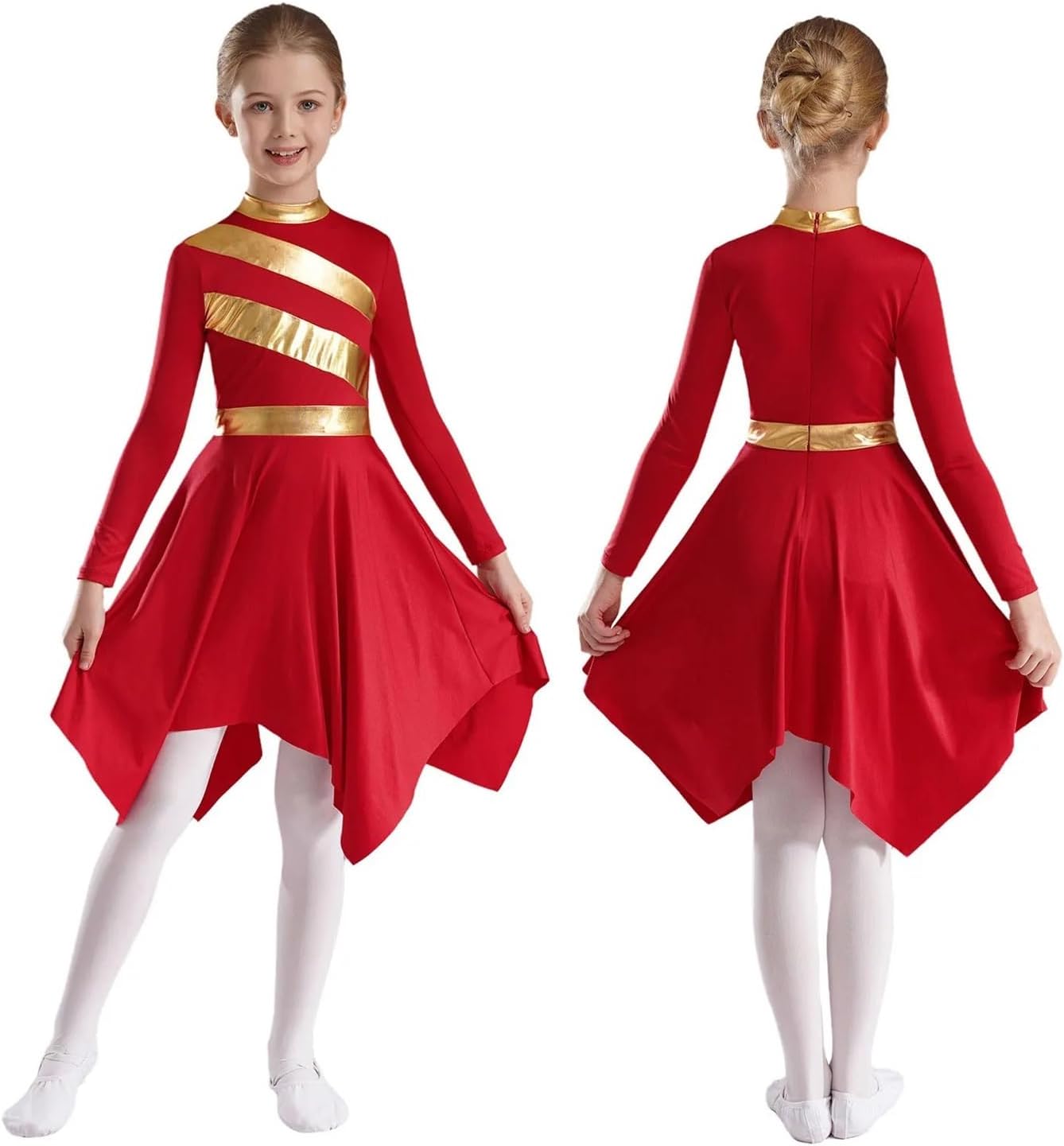 Praise Dance Dress Kids Girls Praise Lyrical Dance Dress Church Choir Worship Long Sleeve Asymmetrical Hem Gown(Red,10)