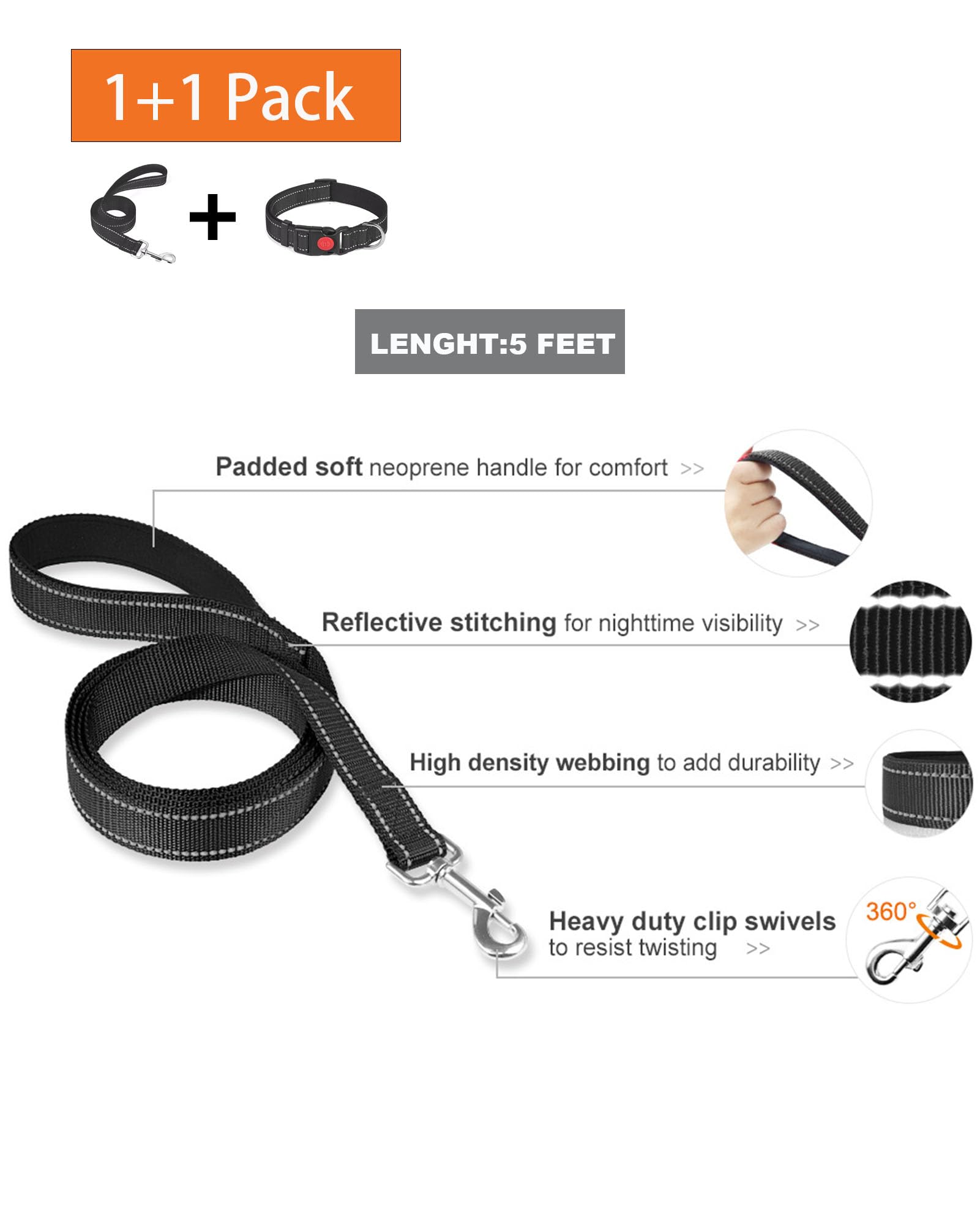 Aeclleca Reflective Dog Collar and Leash Set with Safety Locking Buckle，Adjustable Soft Nylon Pet Collars for Small Medium Dogs (Black, S)