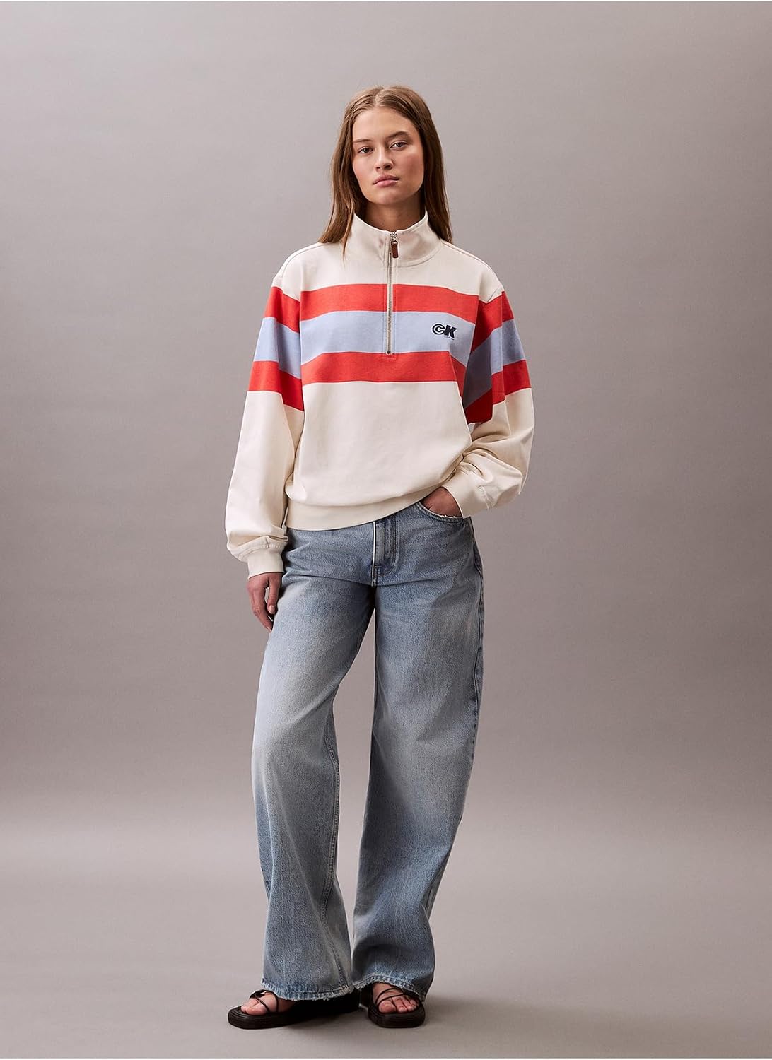 Calvin Klein Jeans Dik Yaka Çizgili Beyaz Sweatshirt, XL, LV047C229G, WHITE, kadın