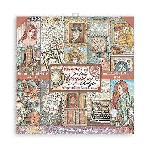 STAMPERIA INTERNATIONAL, KFT SBBS49 Scrapbooking Small Pad 10 sheets cm 20,3X20,3 (8"X8") -Lady Vagabond Lifestyle, Various, 3 cm, 6 Cover