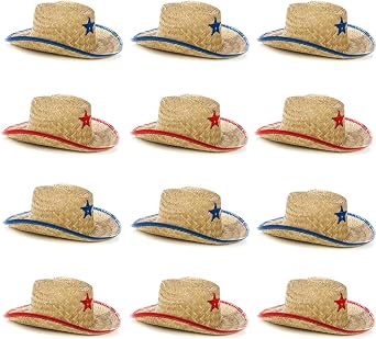 Podzly Kids Western Cowboy Hats - 12 Pieces with Sheriff Star, for Boys and Girls Parties, Costumes, Birthdays Red and Blue