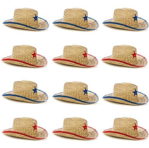 Podzly Kids Western Cowboy Hats - 12 Pieces with Sheriff Star, for Boys and Girls Parties, Costumes, Birthdays (Red and Blue)