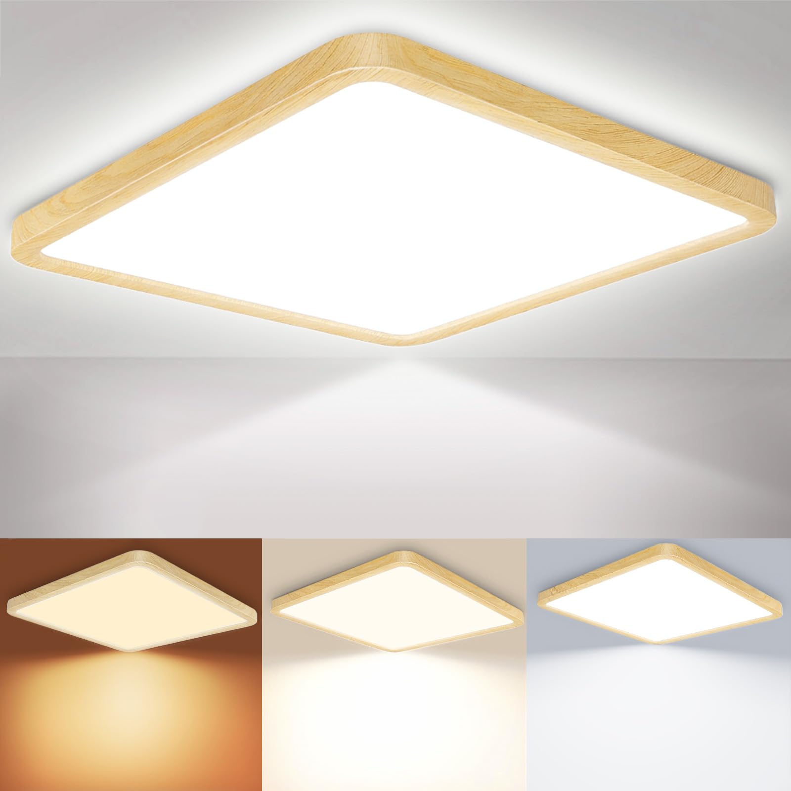 Fynokst Wood Grain 29Cm Led Ceiling Light 24W 3200Lm, 3000K/4000K/6500K 3 Color Temperature, Ip54 Waterproof Bathroom Light, Modern Square Led Ceiling Light For Bedroom, Kitchen, Hallway, 1Pack