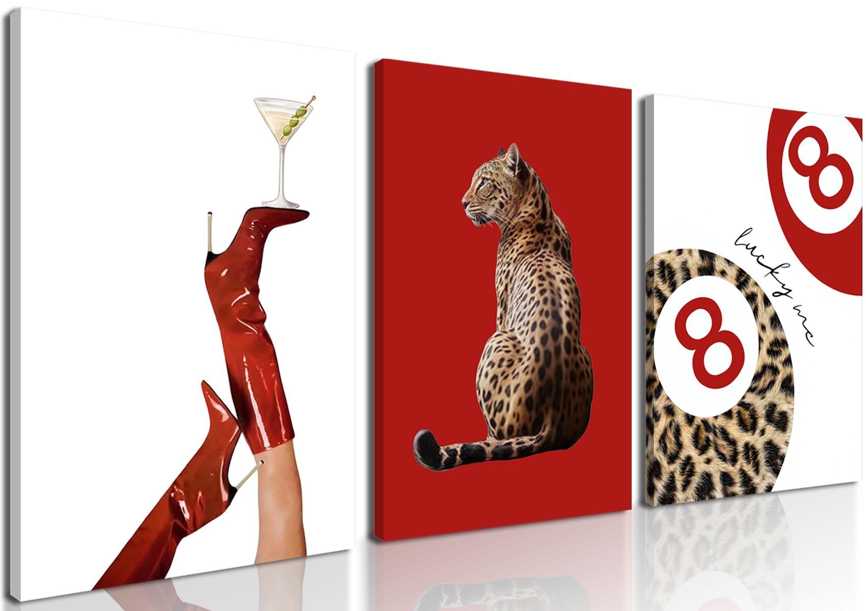 Photo 1 of ***FACTORY SEALED***
Trendy Leopard Canvas Wall Art Set of 3 - Red Cheetah High Heel Martini Prints Wall Decor Pictures, Funky Lucky You 8 Ball Poster Preppy Aesthetic Paintings for Girls Bedroom Dorm 16x24 inch Framed