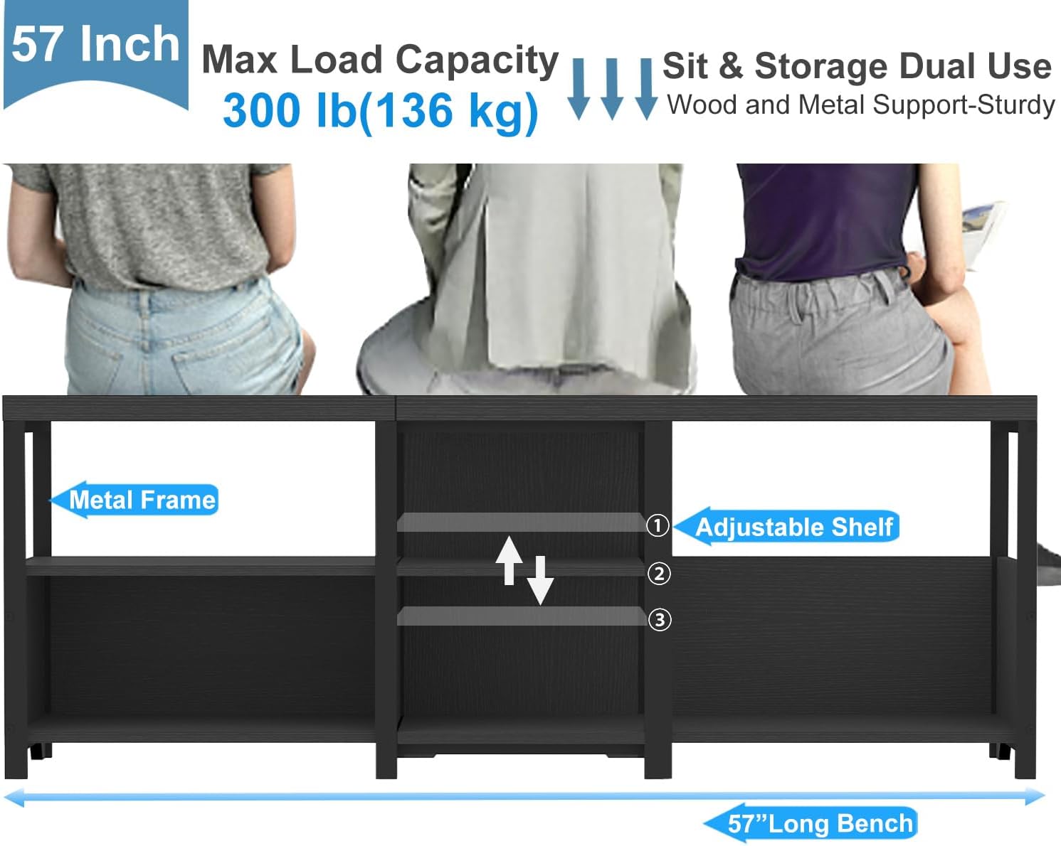 HSH Black Bench, 57” Long Entryway Bench with Shoe Storage, Corner Convertible Storage Bench with Shelf for Foyer Entrance, Wooden Metal L Shaped Shoe Rack Benchs for Bedroom Living Room, Black Oak Black Oak 57 inch image 3 of 9 B0D844BNYL