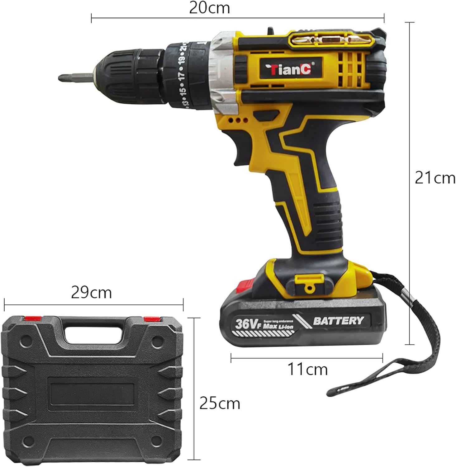 Dimensions of the Ikaufen Cordless Drill and its carrying case, showing measurements in centimeters.