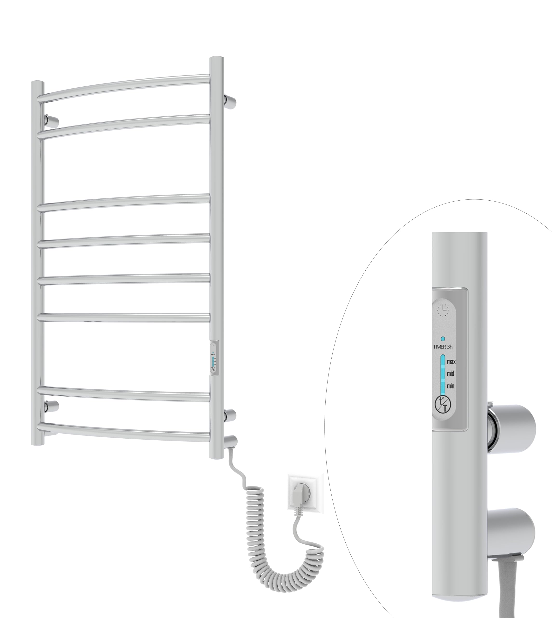 Elna Elektryczny grzejnik łazienkowy, chrom, ogrzewacz na ręczniki, 109 W, 805 x 480 mm, certyfikat IP44, ogrzewanie ze stali nierdzewnej, z termostatem i timerem 3 h, bezpieczny i energooszczędny