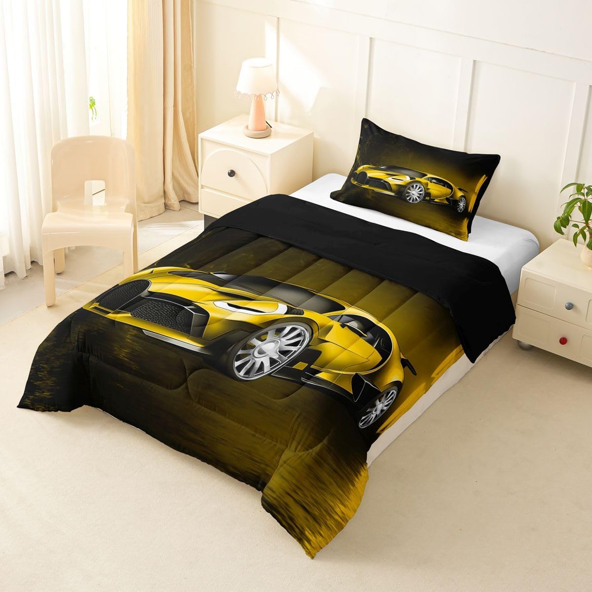Feelyou Sports Car Comforter Yellow Race Car Comforter Set for Kids Boys Girls Extreme Sports Theme Bedding Set Cool Speed Luxury Car Decor Quilt Set with 1 Pillowcase 2Pcs Bedding Toddler Size