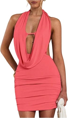 SOLY HUX Women's Sexy Deep V Neck Halter Bodycon Mini Club Dress