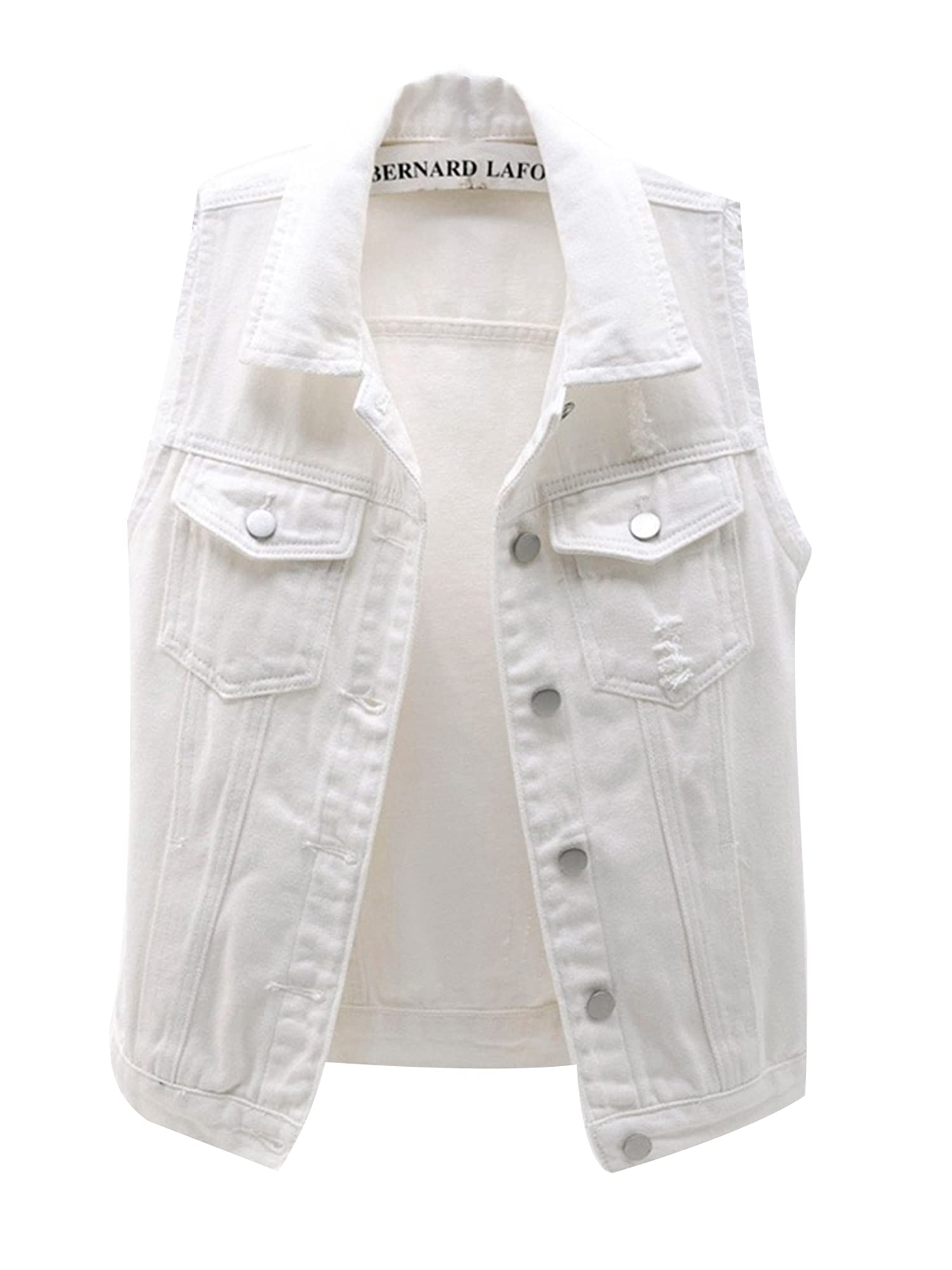 Acrawnni Women's Vintage Button Up Sleeveless Washed Ripped Crop Denim Vest Solid Color Lapel Jean Waistcoat Ripped Cardigan (A-White, 5XL)