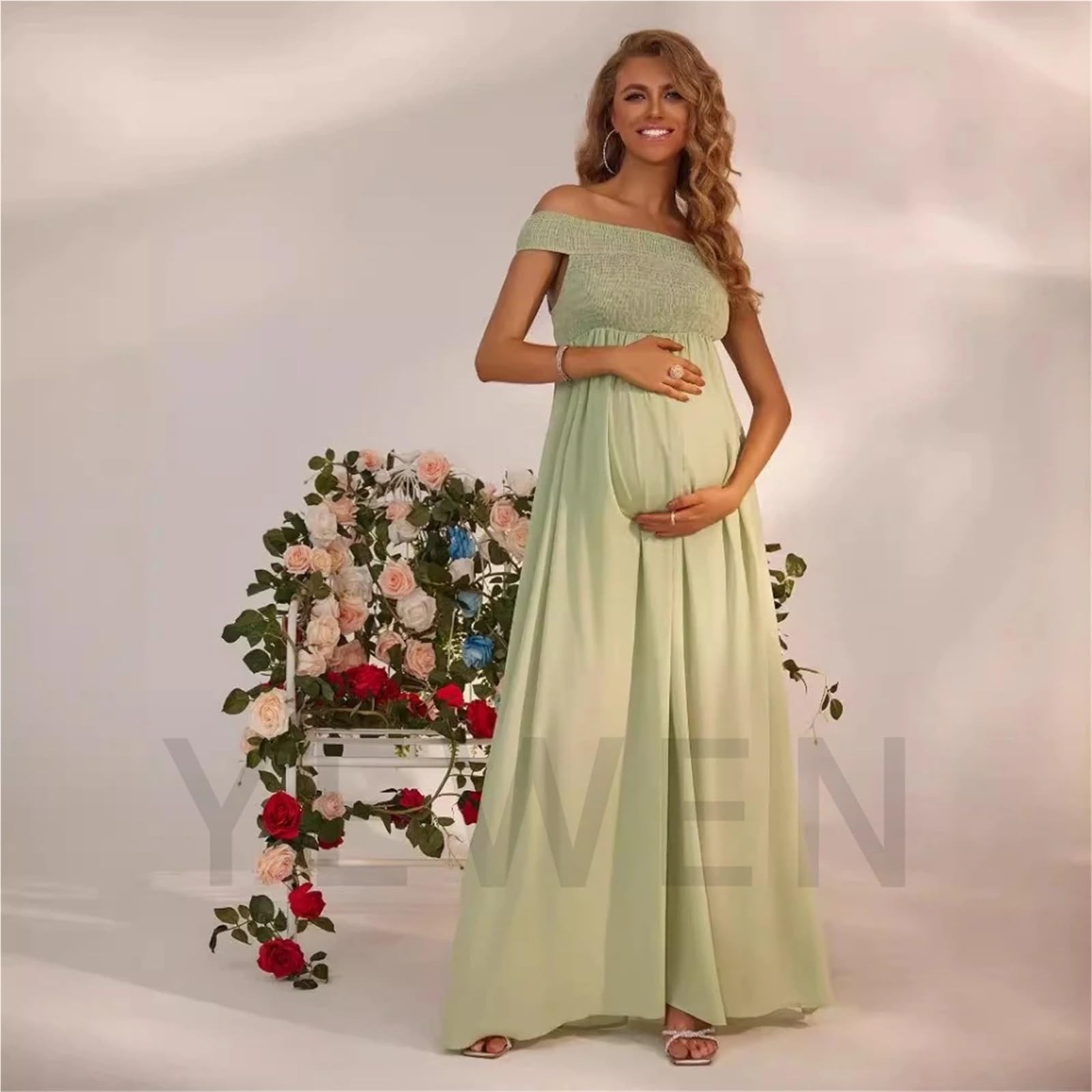 Vestido de Embarazo Elegante Vestido de Maternidad Verde, con Hombros Descubiertos, Volantes, Cintura Alta, Color Liso, Largo, for Embarazadas