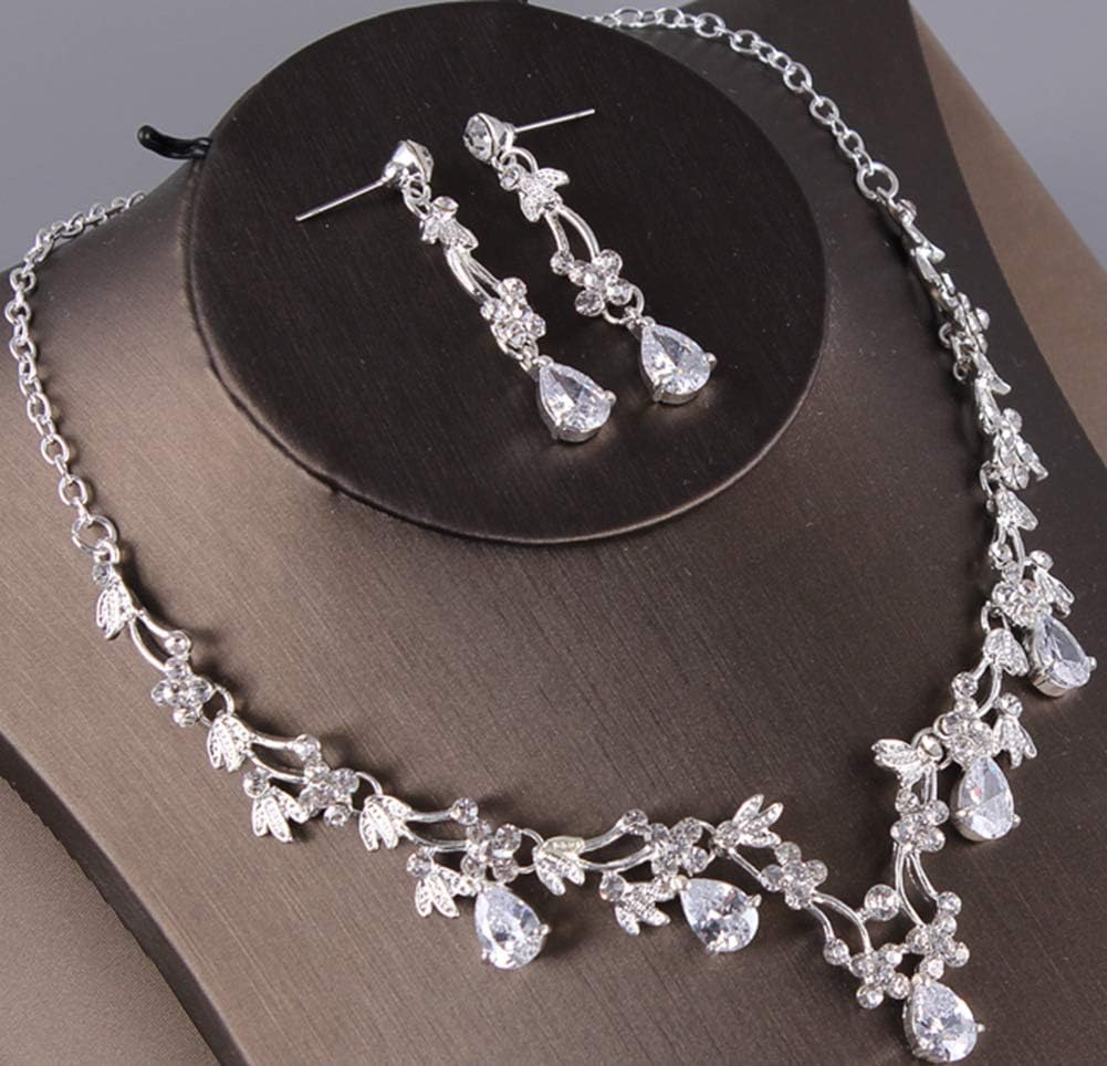 EverLove Bride Headdress Jewelry Wedding Necklace Earrings Set Crystal Crown Tiara