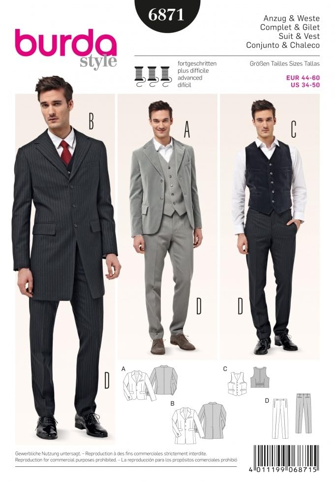 Burda Mens Sewing Pattern 6871 - Suit Jackets, Waistcoat & Trousers