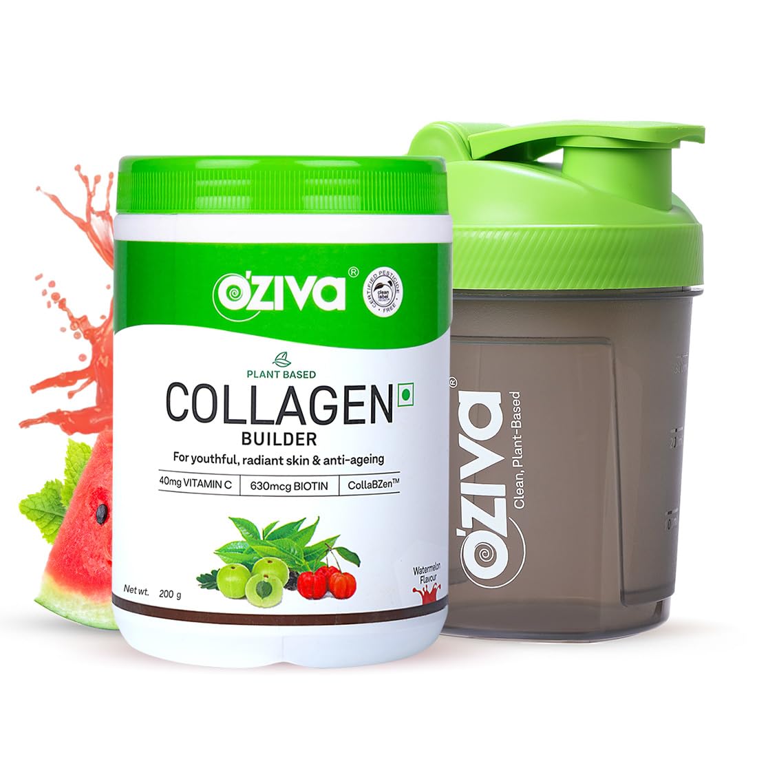 OZiva Vegan Collagen Supplement (Watermelon) for Skin, Hair & Nails | Plant-Based Collagen Peptides Supplement for Men & Women | Non-GMO, No Sugar Added | Powder, 200g + Shaker