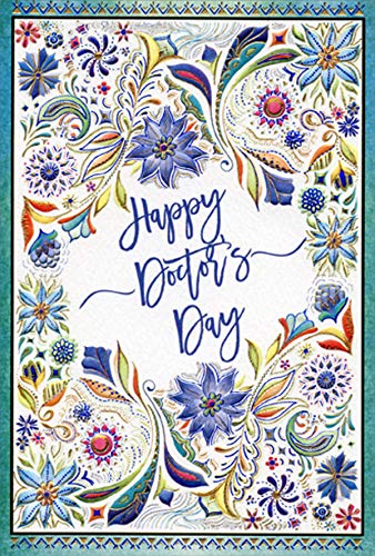 Pictura Ornate Embossed Flowers and Blue Border Doctor's Day Card