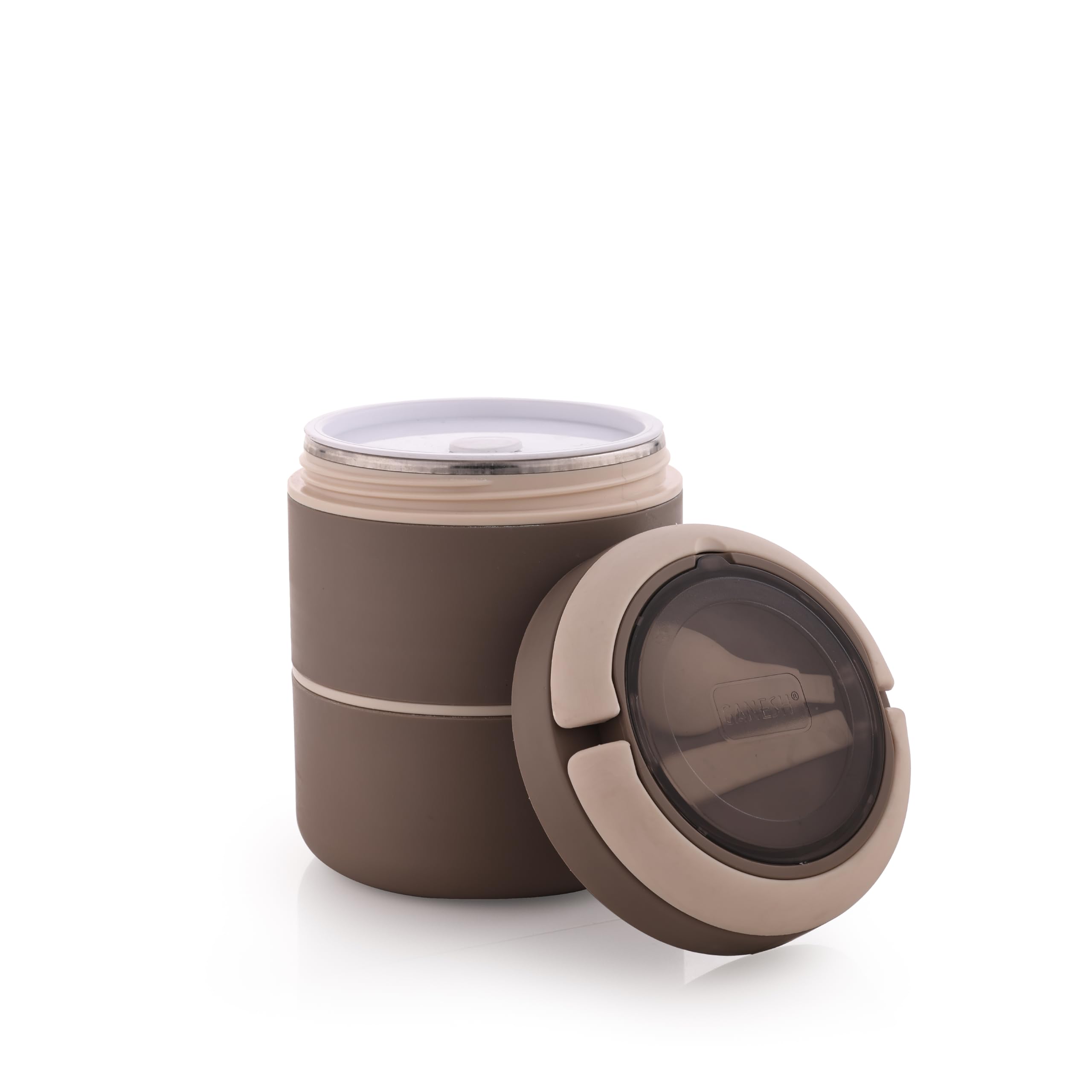 Ganesh Smart Stack 2 Layer Protable Lunch Box Stainless Steel Airtight Leak-Proof Lunch Box for Office, School, Picnic - Brown - 800ml