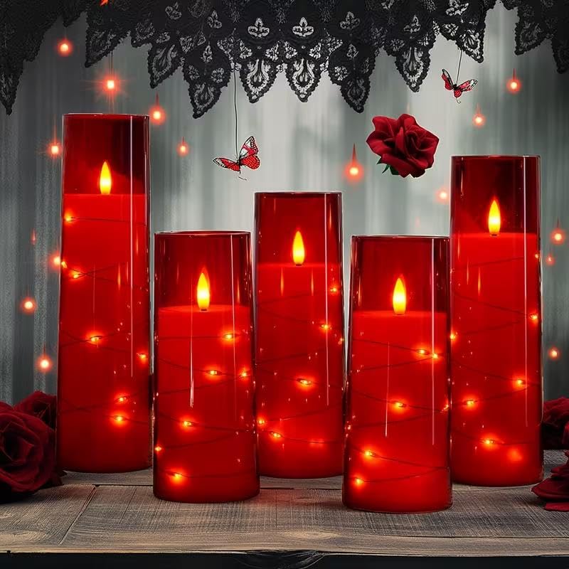 Image of Enido 10 Pc Flameless LED Candles with Remote & Timer, Battery Operated Acrylic Pillar Set, Flickering Electric Lights with Embedded Star String for Cozy Home & Holiday Romantic Decor (Red)