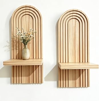 2PCS Boho Wood Wall Floating Shelves Set of 2, Mid Century Modern Natural Wood Wall Mounted Shelves, Decorative Wall Shelf for Living Room, Bedroom, Bathroom, Office, Plant Display & Home Decor