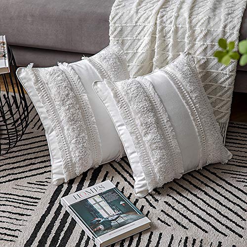 Dezene Boho Throw Pillow Covers: 2 Pack 100% Cotton Woven Tufted Decorative Square Pillowcases For Couch Sofa Bed, Accent Cushion Covers For Farmhouse, Kids, 18 X 18 Inch Beige #TOP5