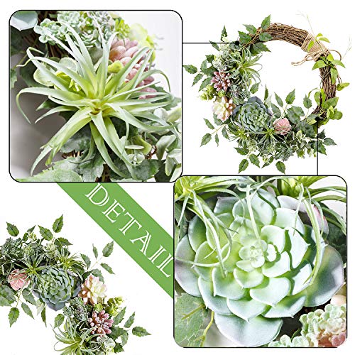 Wanna-Cul 16 Inch Spring Succulent Wreath Arrangement For Front Door,Artificial Multicolor Succulent Summer Door Wreath With Air Pineapple For Wall And Home Decoration #TOP1
