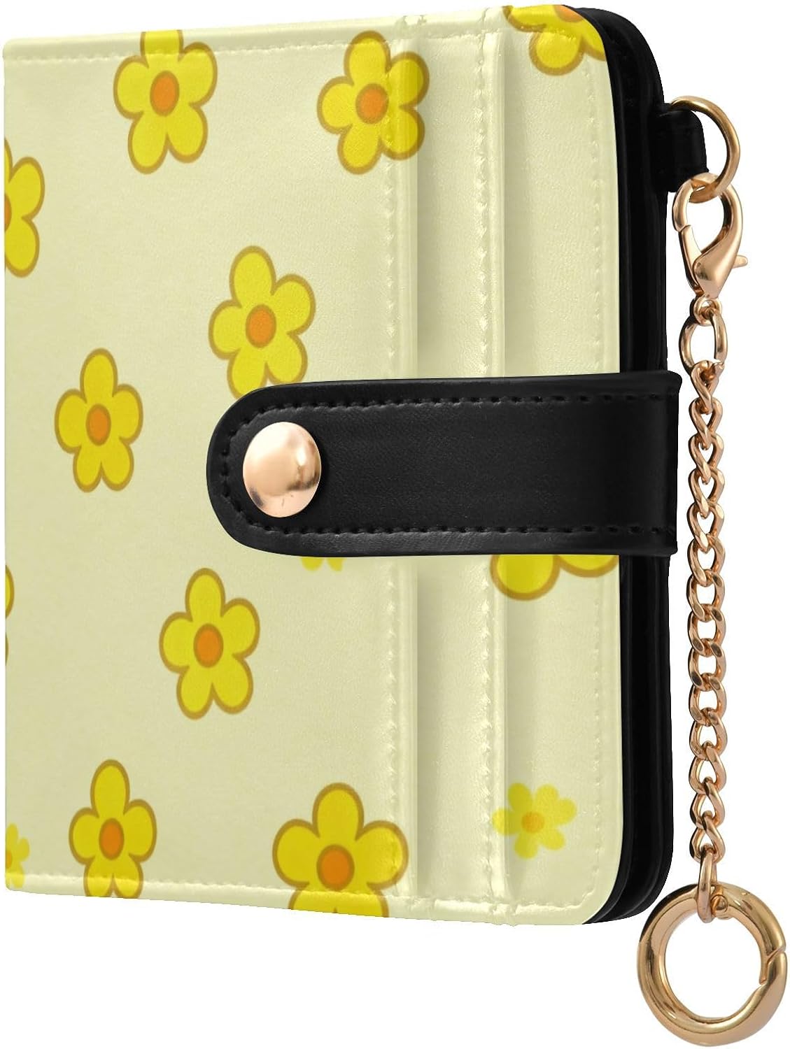 Yellow Floral Pattern Women's Minimalist Folding Wallet Portable Premium PU Leather for Girls Women Ladies
