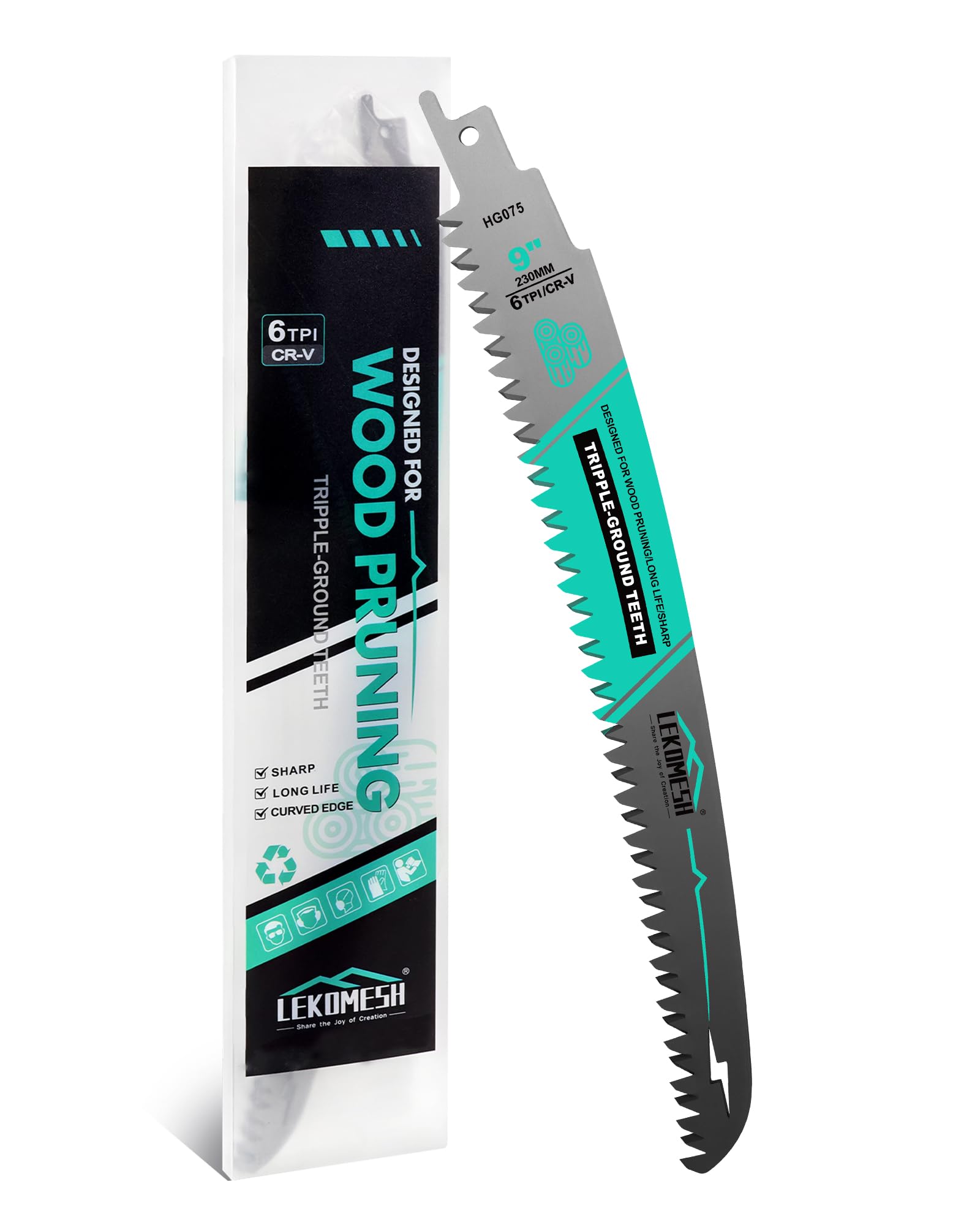 LEKOMESH 230MM Japanese Teeth Reciprocating Saw Blades Wood Pruning - Curved Edge 6TPI for Tree Trimming, Wood/PVC Pipe Cutting, Cr-V Sabre Blades Better Wear Resistance