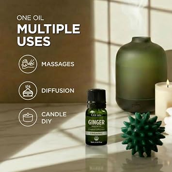 Gya Labs USDA Certified Organic Ginger Essential Oil for Warming Massage, Diffuser - for Topical Use, Hair, Aromatherapy, Spicy & Energizing Aroma - DIY Candle Making Scents - 0.34 Fl Oz