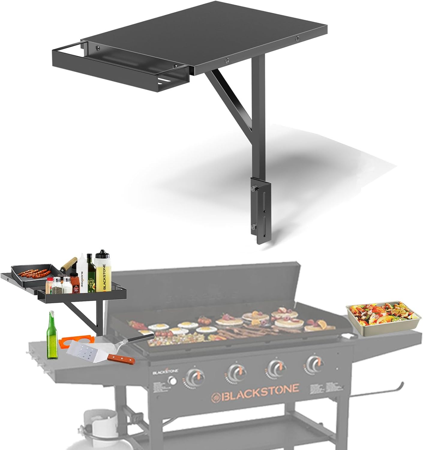 Upper Side Shelf with Griddle Caddy for 36″/28″/28XL Blackstone Griddles, Large Griddle Side Table with Bottle Holder for Easy Access, Blackstone Grill Accessories, Black (1 Pack)