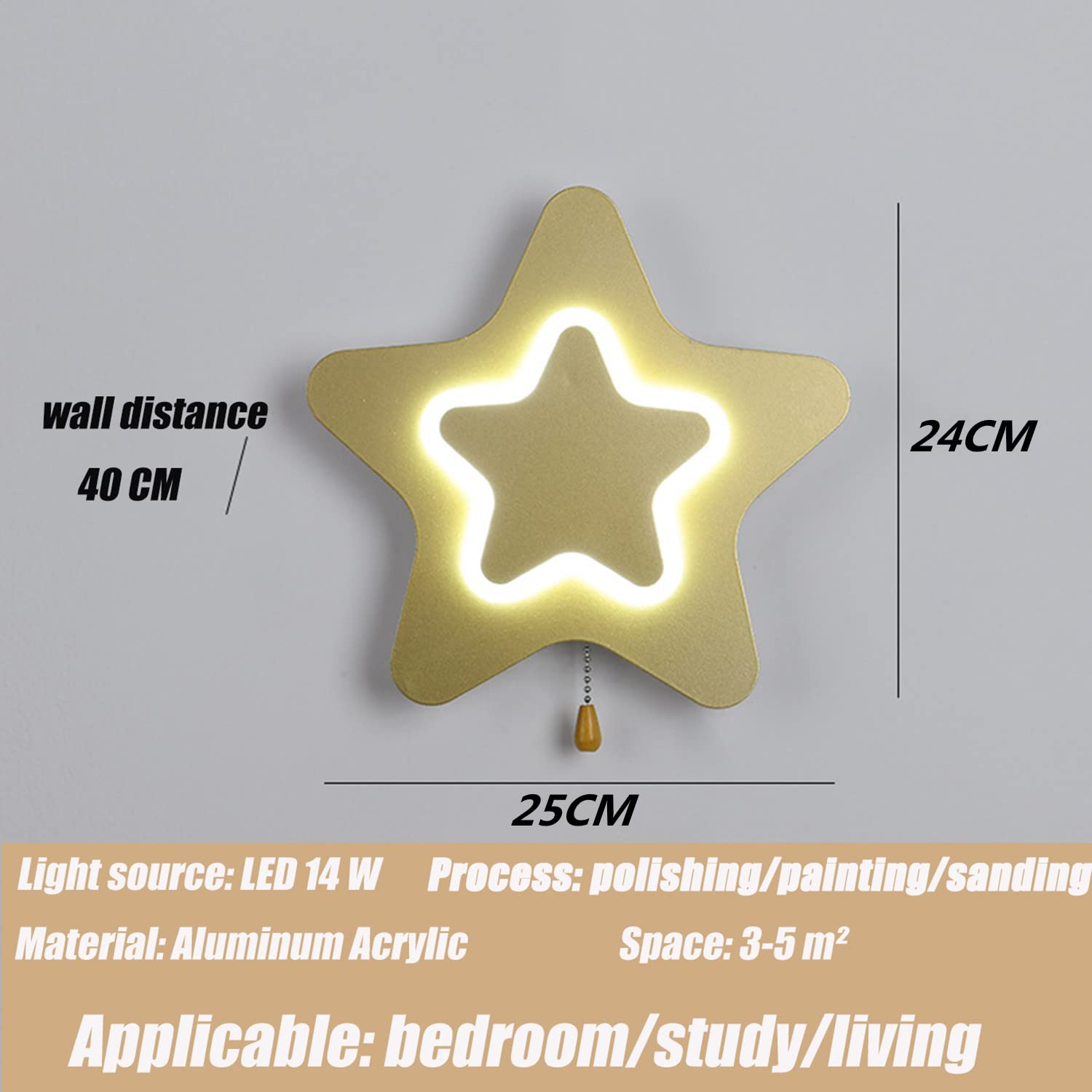 14W LED kinkiet do pokoju dziecięcego gwiazda, kinkiet w stylu kreskówki z wyłącznikiem, ściemniana lampka nocna dla dzieci, projekt ochrony oczu lampka nocna, akrylowy abażur,Gold