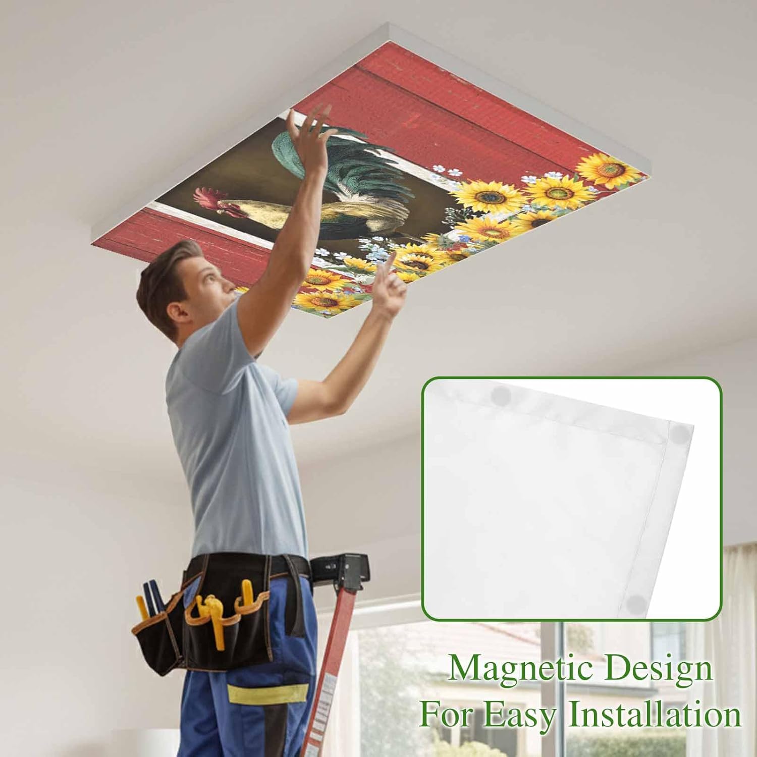 Chicken Sunflowers Fluorescent Light Covers for Ceiling Lights 4x2 feet,4 Pack Magnetic Light Filters for Classroom,Farmhouse Animals Red Barn Bees Fluorescent Lamp Shade Panel for Office School Drop