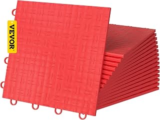 VEVOR Garage Tiles Interlocking, 50 pcs Red 12' x 12' Garage Floor Covering Tiles, Non-Slide Diamond Plate Garage Flooring Tiles Support 55000 lbs for Basement, Gym