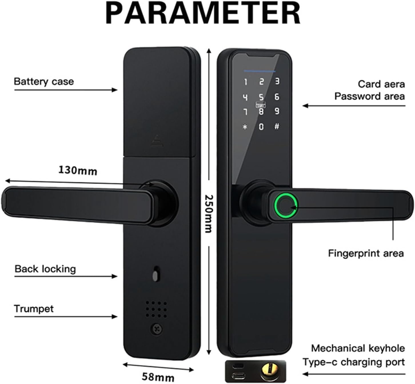 Diagram showing the dimensions and labeled parts of the JUCFRDNJ Tuya WiFi Smart Door Lock, including battery case, card area, password area, fingerprint area, mechanical keyhole, and Type-C charging port.