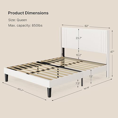 Miniatura 10 de Gizoon Base de cama Queen con cabecera de ala, plataforma tapizada con cabecera geométrica moderna, listones de madera, sin ruido, no necesita